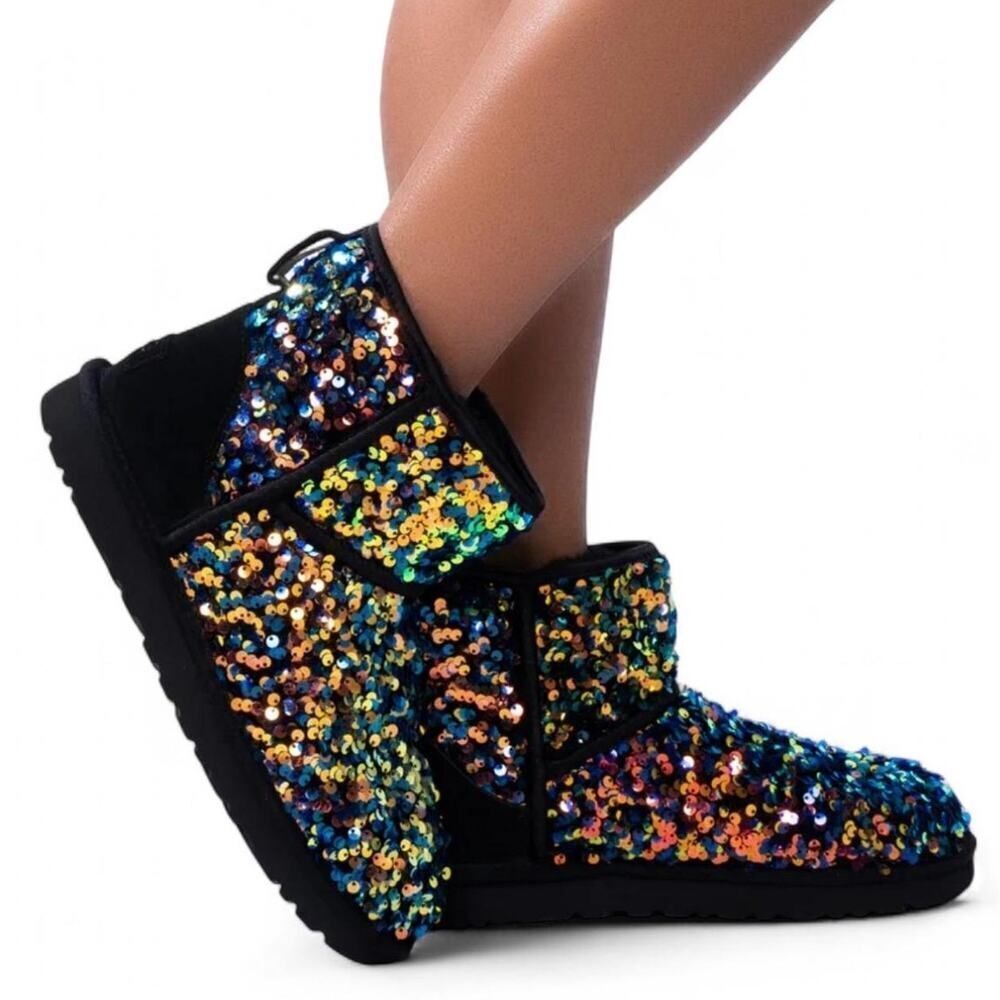 M UGG Classic Mini Stellar Sequin boot in black(multi iridescent chunky) sz 7